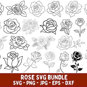 以下が含まれることがあります： さまざまなスタイルの白黒のバラのイラストのコレクション。完全に咲いたバラもあれば、つぼみもあり、茎や葉が付いているものもあります。「ROSE SVG BUNDLE」というテキストが下にあります。