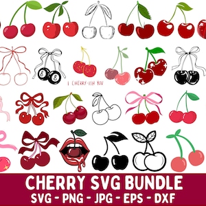 May include: A collection of cherry-themed graphics in various styles, including realistic, line art, and silhouettes. The designs feature cherries with stems, bows, and the text "I Cherry-ish You." The image includes the text "CHERRY SVG BUNDLE" and file type information.