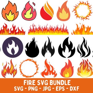 May include: A selection of fire-themed graphics in red, orange, yellow, and black. The designs include flames, fire rings, and a bonfire, suitable for digital art projects. The text "FIRE SVG BUNDLE" is displayed at the bottom.