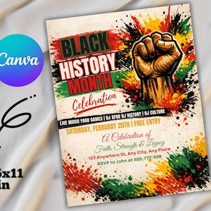 May include: A flyer for Black History Month Celebration, featuring a raised fist graphic. The design includes text in red, green, and black, with the event details: Saturday, February 20th, free entry, and a celebration of faith, strength, and legacy. The flyer is 8.5x11 inches.