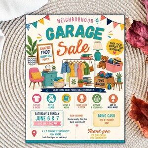 May include: A colorful flyer for a neighborhood garage sale on June 6 and 7, featuring illustrations of clothing, toys, books, and home decor. The text includes event details, categories like clothes and shoes, and a reminder to bring cash and a bag.