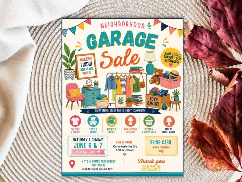 May include: A colorful flyer for a neighborhood garage sale on June 6 and 7, featuring illustrations of clothing, toys, books, and home decor. The text includes event details, categories like clothes and shoes, and a reminder to bring cash and a bag.