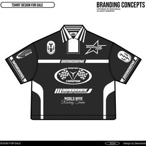 May include: Black and white t-shirt design featuring a racing theme. The shirt has a white collar and white stripes on the sleeves. The design includes the text "BRANDNAME" and "WORLD WIDE Racing Team".