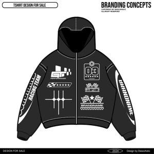 Może przedstawiać: Czarna bluza z kapturem zapinana na zamek z białą grafiką o tematyce wyścigowej. Zawiera teksty "RACING TEAM", "GT PERFORMANCE", "BRANDNAME" i "03". Projekt zawiera szachownice i gwiazdy. Widoczne jest również "TSHIRT DESIGN FOR SALE".