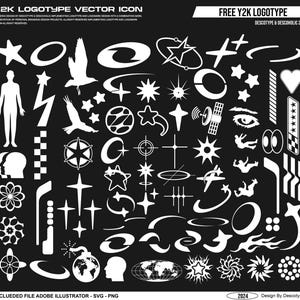 May include: A collection of white Y2K-style vector icons on a black background. The icons include stars, birds, human figures, and abstract shapes. Text at the top reads "FREE Y2K LOGOTYPE". The bottom text says "INCLUDED FILE ADOBE ILLUSTRATOR - SVG - PNG".