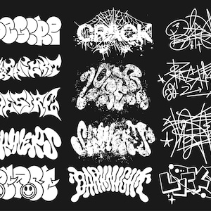 May include: A black background displaying white graffiti-style text. The image showcases diverse words and phrases in stylized fonts, including "CRACK," "2023," and "DARKNIGHT." Some designs incorporate grunge textures and symbols.