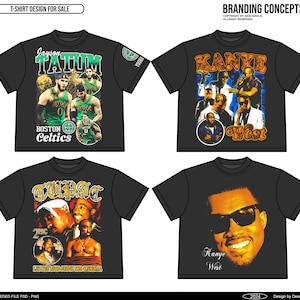 Op de afbeelding: Vier zwarte t-shirts met grafische ontwerpen. Eén heeft de tekst "Jayson Tatum" en "Boston Celtics". Een andere toont "Kanye West" met meerdere afbeeldingen. Een derde shirt heeft de tekst "Tupac" en afbeeldingen. De laatste toont "Kanye West" met een zonnebril.