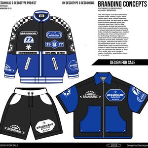 May include: A design concept featuring a black and blue racing-style jacket, shorts, and a short-sleeved shirt. The jacket has a checkered pattern on the shoulders and various patches. The shorts are black with white trim. The shirt is black and blue with a zipper.