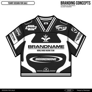 May include: Black and white t-shirt design featuring a racing theme. The shirt has a v-neck, short sleeves, and a large graphic on the front that says "BRANDNAME" with the text "WORLD WIDE RACING TEAM" underneath. The graphic also includes a star, a checkered flag, and the words "SPEED!" and "SPEED".