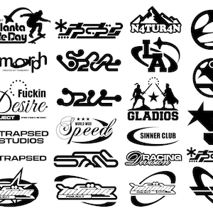 Peut inclure: Une collection d'autocollants graphiques en noir et blanc présentant divers logos, textes et symboles, notamment les designs Atalanta Skate Day, Tramorph, Desire, Gladios, Trapped Studios, Sinner Club, Racing Division et Infinity Project.