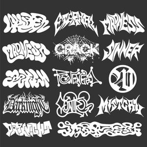 May include: A collection of 15 white graphic designs featuring various words and phrases, including "Eternal Madness", "Crack", "Sinners", "Fenega", "Darknight", and "Mistral".