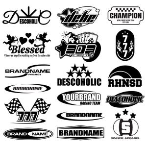 May include: A collection of black and white graphic designs, including logos, text-based designs, and racing-themed emblems. Designs include the words "Champion", "Blessed", "Descoholic", and "Yourbrand Racing Team".