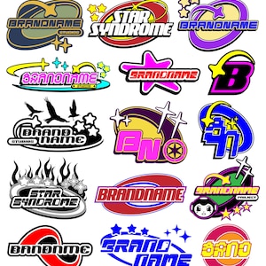 Puede incluir: Una colección de diseños de logotipos coloridos con varias formas y texto. Los logotipos presentan estrellas, llamas y texto estilizado, incluyendo "BRANDNAME", "STAR SYNDROME" y otros nombres de marcas. La paleta de colores incluye azul, rojo, amarillo y morado.