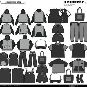 May include: A set of clothing mockups in black and gray, including hoodies, sweatshirts, t-shirts, pants, shorts, hats, bags, and socks. The mockups are designed for branding concepts.