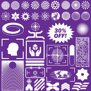 May include: A collection of white geometric shapes and patterns on a purple background. The shapes include circles, stars, spirals, and arrows. The patterns include dots, lines, and swirls. The text "30% OFF!" is also included.