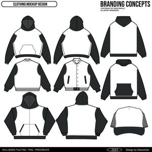 May include: A set of clothing mockups featuring a black and white color scheme. The mockups include a hoodie, a bomber jacket, and a baseball cap. The designs are simple and modern, with a focus on clean lines and a minimalist aesthetic.