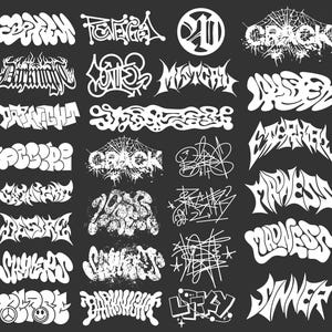 May include: A series of white graffiti-style text designs on a dark grey background. The text includes various words and phrases, each with a unique, stylized font. Some designs feature spiderwebs or grunge effects, creating a bold, urban aesthetic.