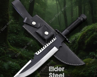 Custom Handmade D2 Steel Bowie Knife: Black Carbon Coated Movie Replica with Leather Sheath