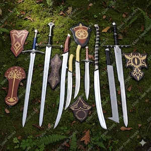 May include: An assortment of fantasy swords and shields displayed on a bed of green foliage. The collection includes various sword designs with silver blades and ornate handles, alongside brown and gold shields with intricate patterns.