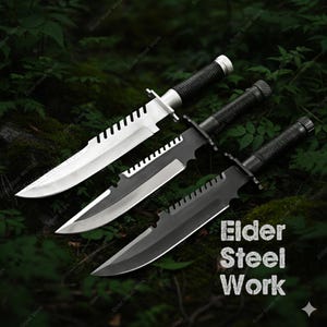 May include: Three survival knives with serrated blades and black handles are displayed against a backdrop of green foliage. The knives have silver and black blades. The text "Elder Steel Work" is visible.