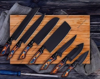 Hand-Forged Damascus Steel Chef Knife Set - Luxury 8-Piece BBQ Knives
