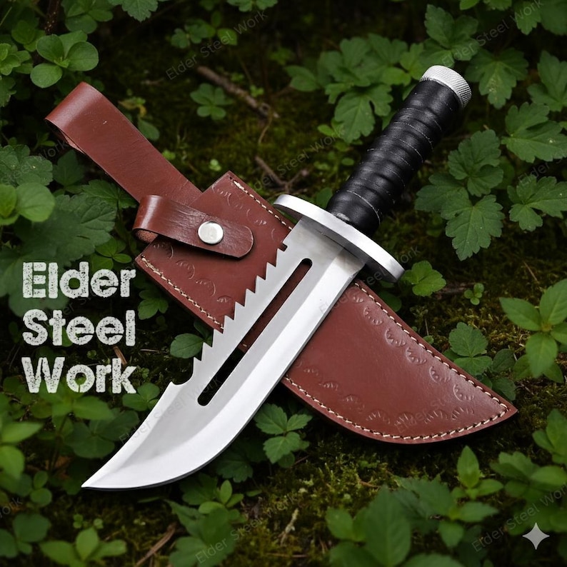 Handcrafted knife replica with leather sheath displayed outdoors for cosplay and collector gifts