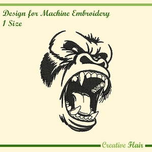 Op de afbeelding: Zwart-wit machineborduurontwerp van een gorilla's kop met open mond, met tanden. Het ontwerp bevat de tekst "Design for Machine Embroidery" en "1 Size". Het Creative Flair-logo staat onderaan.