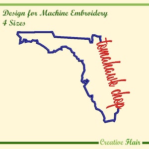 May include: An embroidered design for machine embroidery featuring the outline of Florida in blue, with the words "Tomahawk Chop" in red script. The design is available in 4 sizes. The text "Creative Flair" is at the bottom.