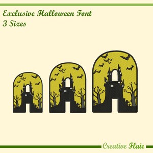 May include: Three black letter "A" designs with a haunted house silhouette, bats, and trees against a yellow background. The text "Exclusive Halloween Font" and "3 Sizes" are at the top. The Creative Flair logo is at the bottom.