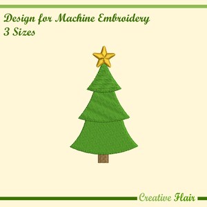 May include: A green Christmas tree design for machine embroidery, topped with a gold star. The design includes the text "Design for Machine Embroidery" and "3 Sizes". The Creative Flair logo is at the bottom.