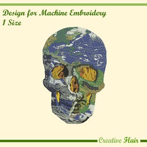 Diseño de bordado de calavera para máquina, talla única, diseño de bordado de calavera de mapa del mundo
