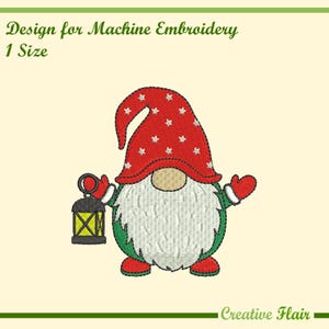 May include: Embroidered gnome design with a red hat dotted with white stars, a white beard, and a green outfit. The gnome holds a black and yellow lantern. Text reads "Design for Machine Embroidery" and "1 Size".