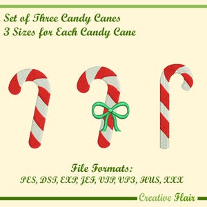 Set of Three Christmas Candy Canes Embroidery Design for Machine Embroidery, 3 SIZES For Each Candy Cane
