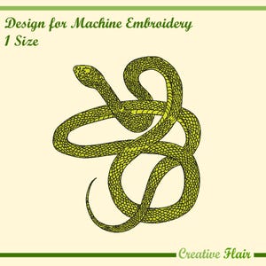 May include: A machine embroidery design featuring a coiled green snake with yellow accents. The design is labeled "Design for Machine Embroidery" and "1 Size". The words "Creative Flair" are at the bottom.