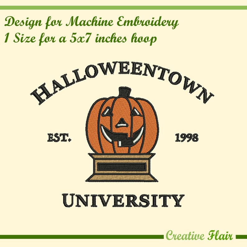 Halloween Town University  Embroidery Design for Machine Embroidery, 1 Size for a 5x7 inches hoop