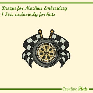 May include: Machine embroidery design for hats. The design features a racing wheel with gold accents, flanked by black and white checkered flags. The text reads "Design for Machine Embroidery" and "1 Size exclusively for hats".