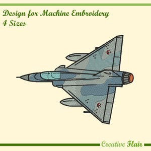 May include: Machine embroidery design of a fighter jet in shades of blue and gray, with a red exhaust. The text "Design for Machine Embroidery" and "4 Sizes" are at the top. The words "Creative Flair" are at the bottom.