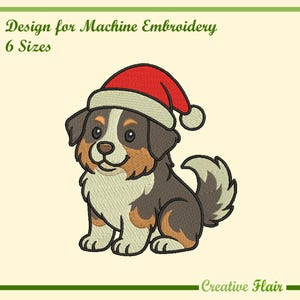 May include: An embroidered design for machine embroidery featuring a cartoon dog wearing a Santa hat. The dog has brown, black, and white fur. The text "Design for Machine Embroidery 6 Sizes" is at the top. The logo "Creative Flair" is at the bottom.