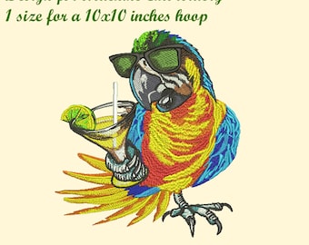Parrot Margarita Embroidery Design for Machine Embroidery for 10x10 inches Hoop