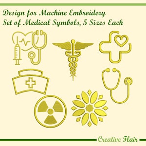Medical Symbols, Caduceus, Nurse Hat, Stethoscope, Set of Medical Symbols Embroidery Design for Machine Embroidery, 5 SIZES Each Symbol