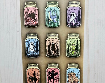 Cryptid Jar Print Art Forest Fantasy Dark Art 4x6 Print Mothman Loch Ness Bigfoot Jersey Devil Nature Forest Guardian Manfish Inc.