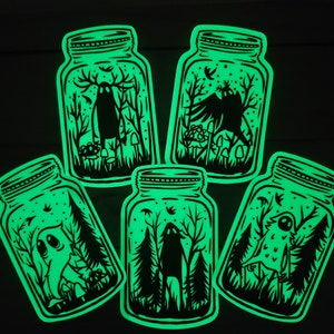 Glow In The Dark Jar Cryptid Buddy Sticker Pack Fantasy Mothman Sasquatch Bigfoot Nightcrawler Sticker Mushroom Cottagecore Cryptozoology