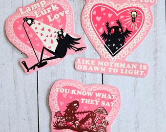 Valentine's Day Mothman Bigfoot Heart Cryptid Buddy Sticker Pack Fantasy Sticker Cryptozoology Valentine Weird Cottagecore Sasquatch Puns