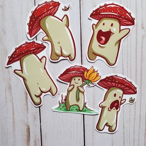 Mushroom Buddies Sticker Pack Cartoon Character Mushies Cute Waterproof Vinyl Sticker Cottagecore Mycology Adorable decor Manfish Inc. Fungi