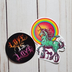 Lesbian Pride Love is Love Goth Typography Vinyl Waterproof Sticker with Free Unicorn Sticker Manfish Inc. Pride Month Rainbow Flag Art Gay