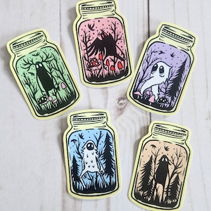 Jar Cryptid Buddy Sticker Pack Fantasy Mothman Sasquatch Bigfoot Fresno Nightcrawler Sticker Mushroom Cottagecore Cryptozoology Cryptids Art