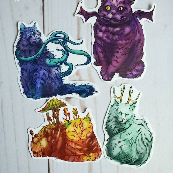 Fantastic Cat Vinyl Waterproof Sticker Pack Mushroom Antler Bat Octopus Kraken Animal Art Purple Kitten Orange Tabby Slap Pac Manfish Inc.