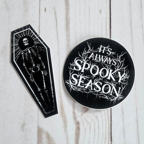 It's Always Spooky Season Halloween Coffin Skeleton Waterproof Vinyl Sticker Horror Typography Scary Autumn Fall Art Manfish Inc. Goth Fall