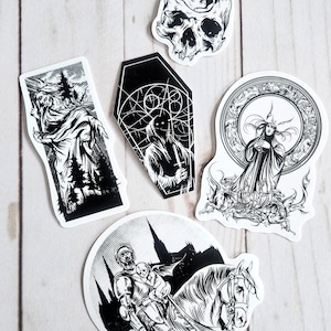 Dark Horror Art Waterproof Vinyl Sticker Set Goth Heavy Metal Skull Coffin Fantasy Halloween Black White Manfish Inc. Slap Pac Ink Etching