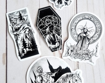 Dark Horror Art Waterproof Vinyl Sticker Set Goth Heavy Metal Skull Coffin Fantasy Halloween Black White Manfish Inc. Slap Pac Ink Etching